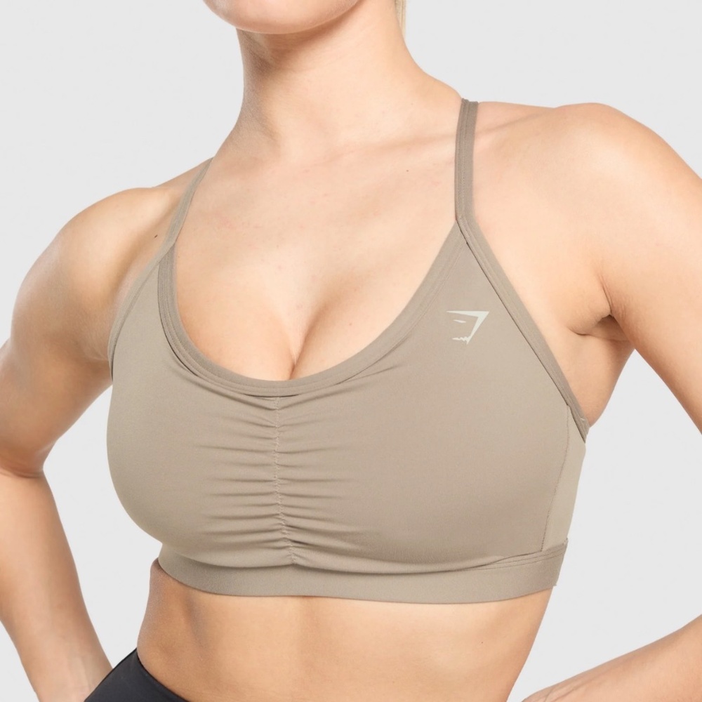 Gymshark Ruched Sports Bra – Lifestyle Brown color way – Size Small